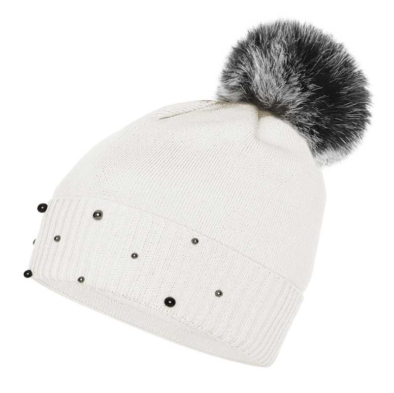reverse-online.pl - Czapka damska - biała z koralikami i pomponem
